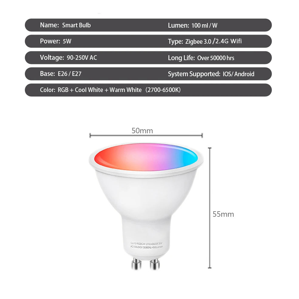 Ewelink GU10 Zigbee Smart LED Bulbs | WiFi RGB CW WW Light Bulb | Works with Alexa, Google, Yandex, SmartThings