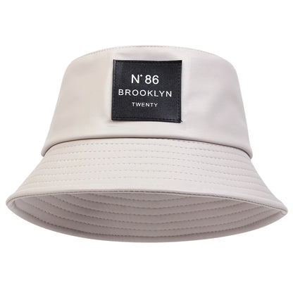 Unisex N86 Label PU Leather Bucket Hat - Personality Fisherman Cap with Sunscreen, Casual Outdoor Wear