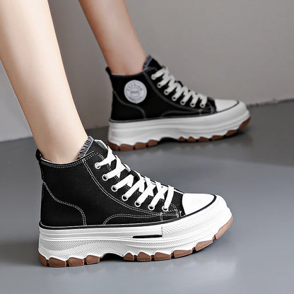 Women's High Top Sneakers - Lace-Up Casual Platform Canvas Shoes, Non-Slip and Wear-Resistant for Spring 2024