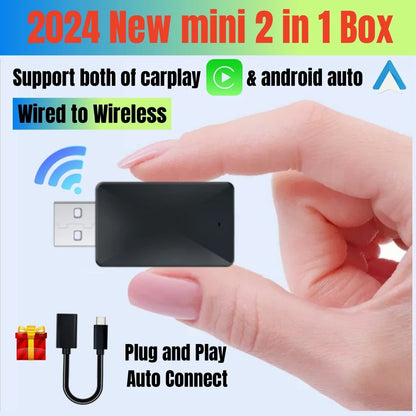 Wired to Wireless CarPlay and Android Auto AI Box - 2 in 1 Mini Adapter, Plug and Play Dongle for Fast Connection Compatible with 99% of Cars