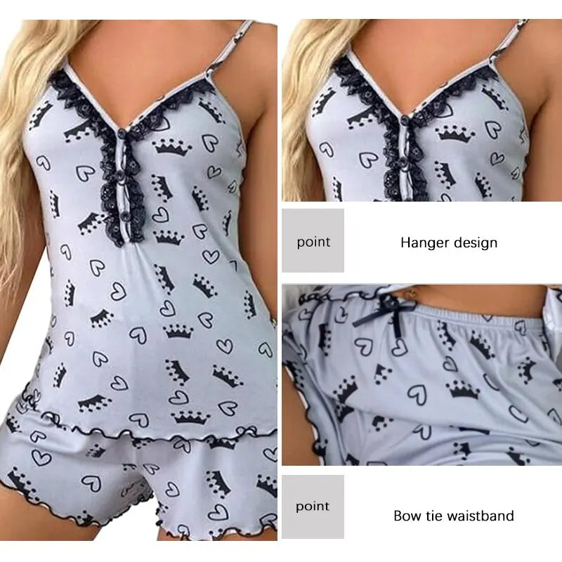 Sexy Summer Two-Piece Women's Pajama Set - Deep V-Neck Top and Shorts, Sleeveless Nightwear for Ladies