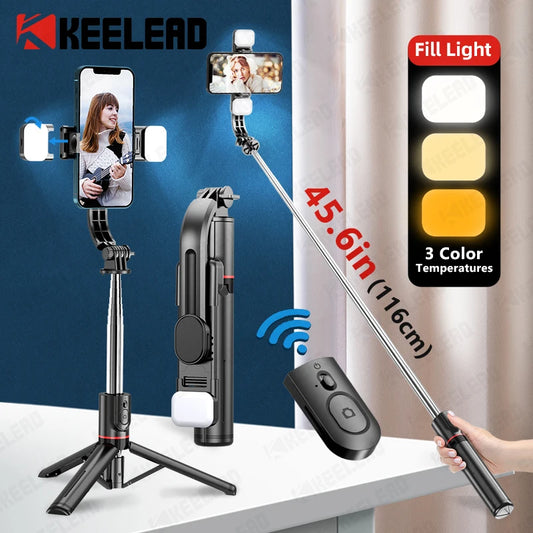 L13D Bluetooth Selfie Stick with Dual Fill Lights - 1160mm Extendable Tripod with Remote Shutter for Android and iOS Phones