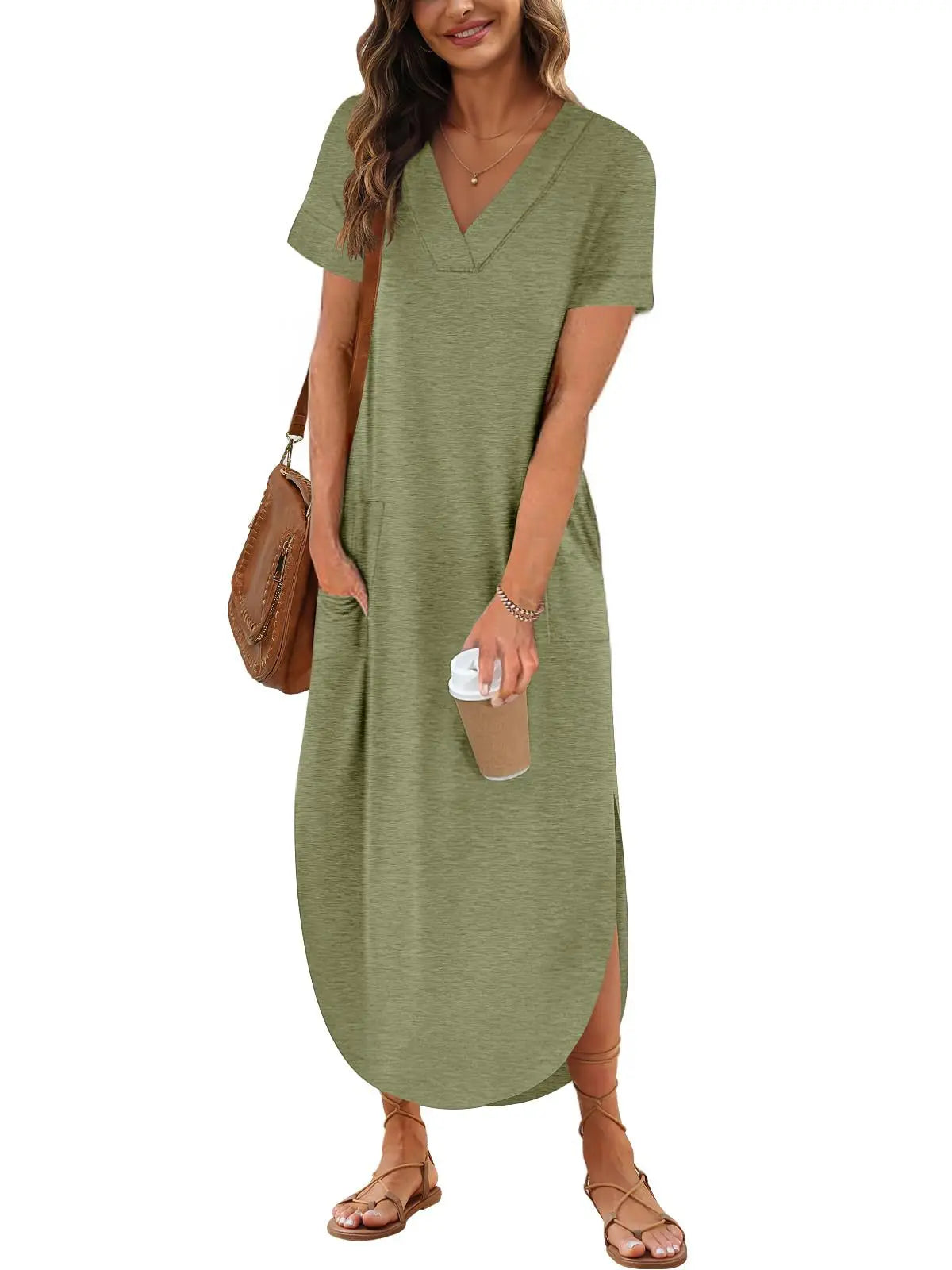 Summer Elegant Women's Cotton Linen Dress - Solid Color, Short Sleeve V-Neck, Comfortable Loose Fit with Pockets, Long Ladies Dress