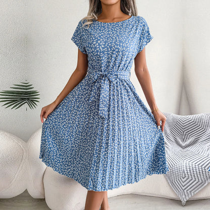 Spring Summer Women's Short Sleeve High Waist Floral Dress: Chic A-line Pleated Long Dress - Fashion Statement