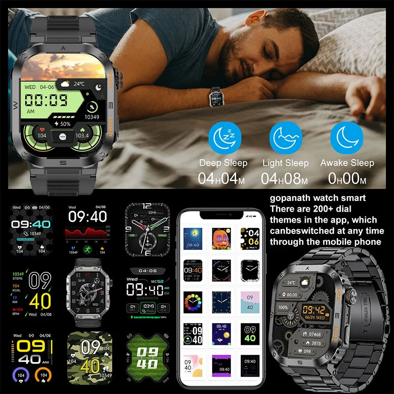 Rugged Military Smart Watch – IP68 Waterproof, 2.01'' HD Display, Bluetooth & Voice Features, Compatible with Android, iOS, Xiaomi