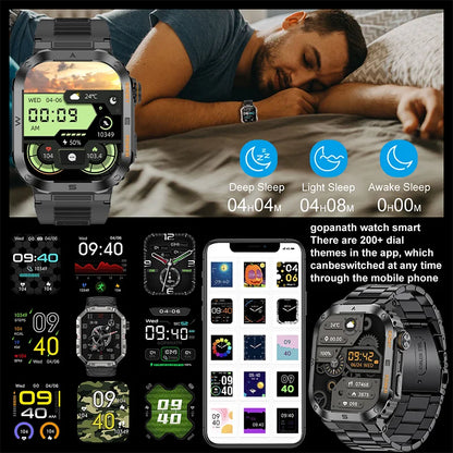 Rugged Military Smart Watch – IP68 Waterproof, 2.01'' HD Display, Bluetooth & Voice Features, Compatible with Android, iOS, Xiaomi