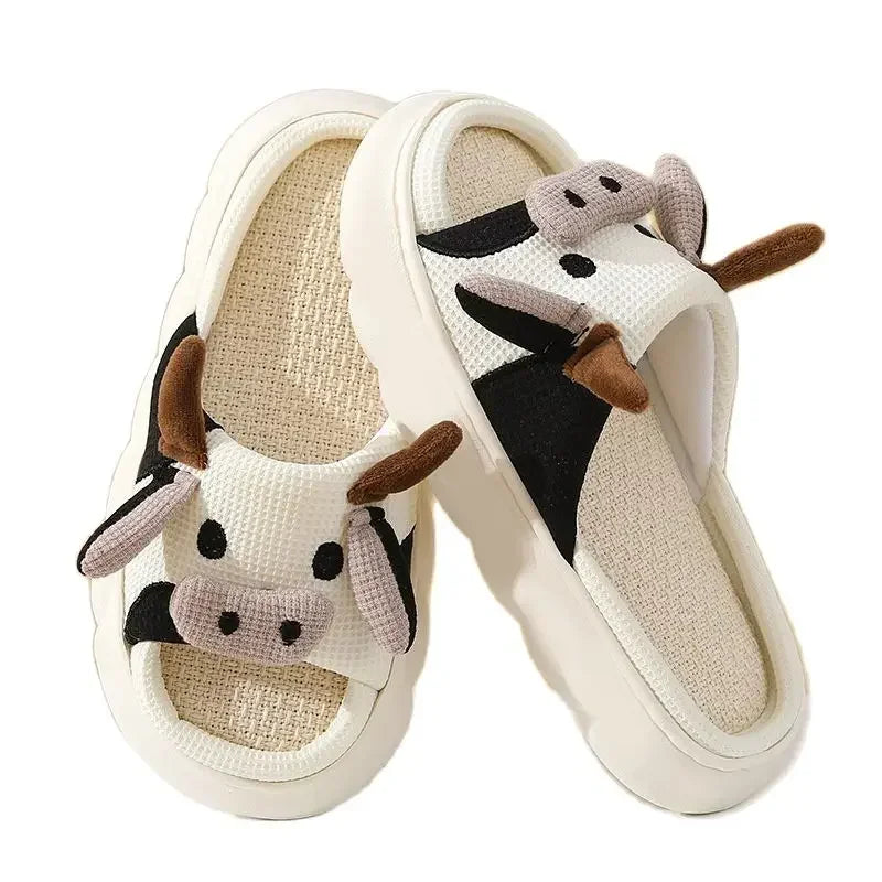 Hot Sale Milk Cow Linen Slippers for Women & Men: Cartoon Indoor Sandals - Cute Breathable Home Shoes for Couples