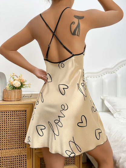 Heart Print Nightdress: Elegant Scoop Neck with Criss Cross Back - Comfortable Women's Sleepwear for Sweet Dreams