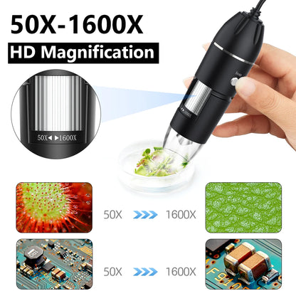 1600X 3-in-1 Digital Microscope Camera – Portable Electronic Microscope with LED Magnifier & Type-C USB Charging