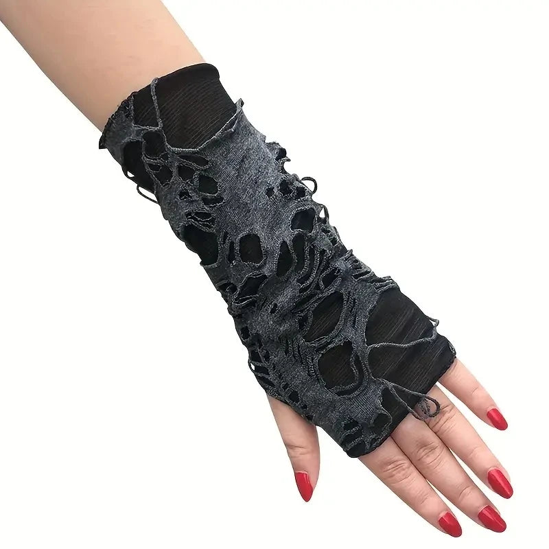 2024 New Gothic Fingerless Gloves - Fashionable and Durable Unisex Stretchy Gloves with Tear Design for Parties