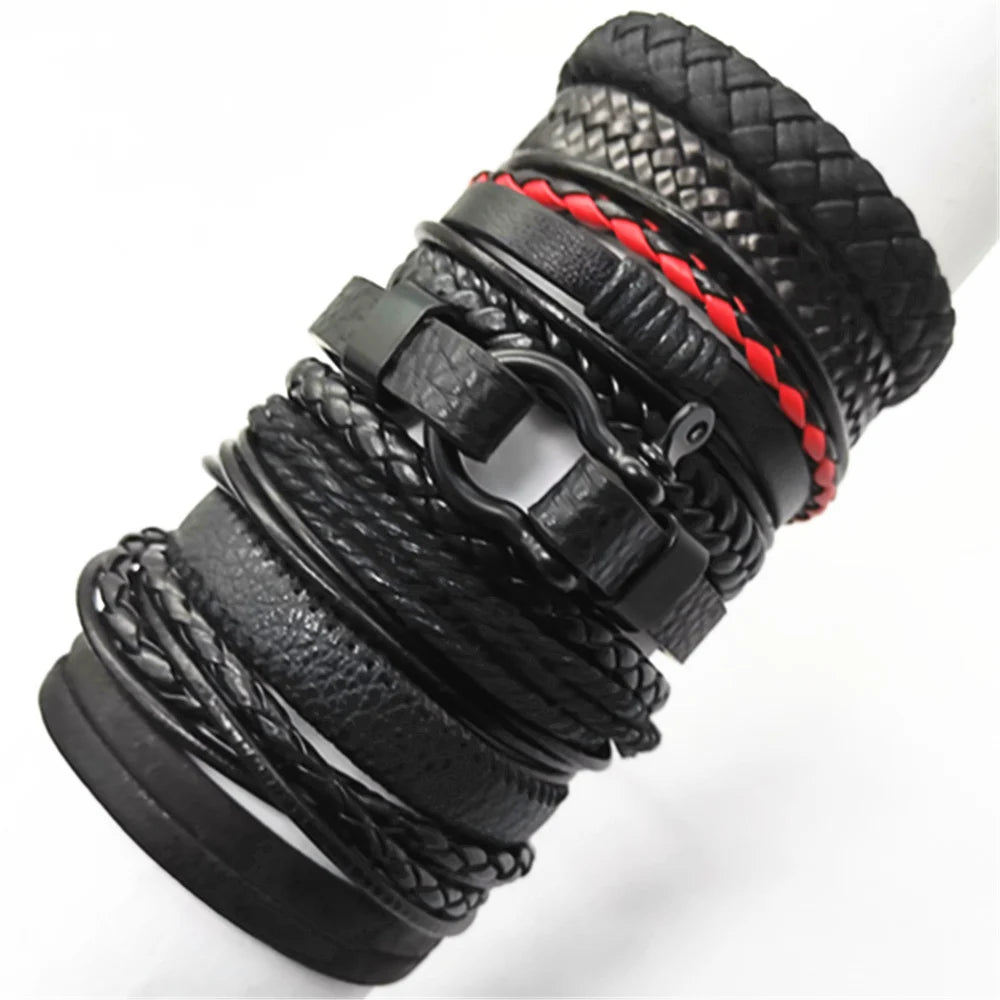 10 Piece Black Woven Wrap Bracelet Set | Handmade Fashion Leather Bangle Jewelry Gift for Men and Women