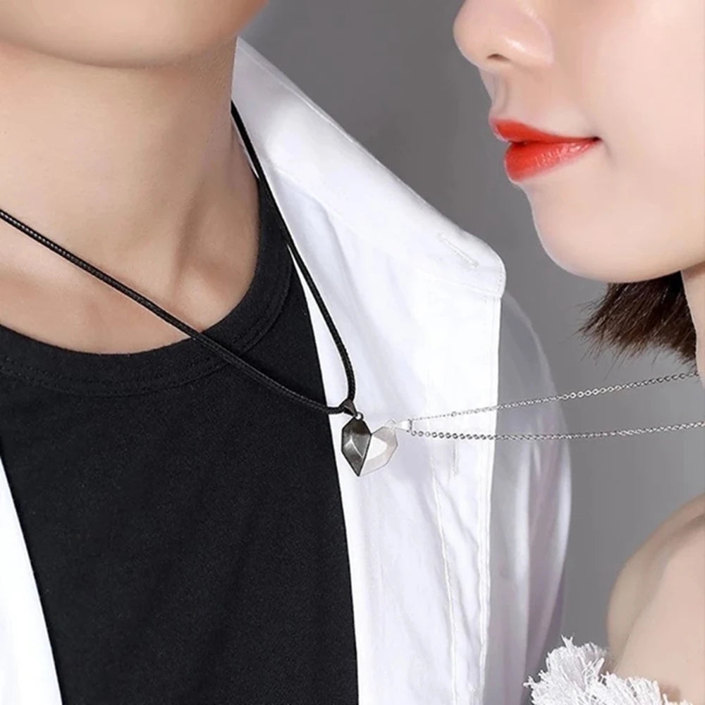 Simple Quality Couple Pendant Necklace – Electrocardiogram and Magnetic Heart, Splicing Design for Valentine's Day Gift