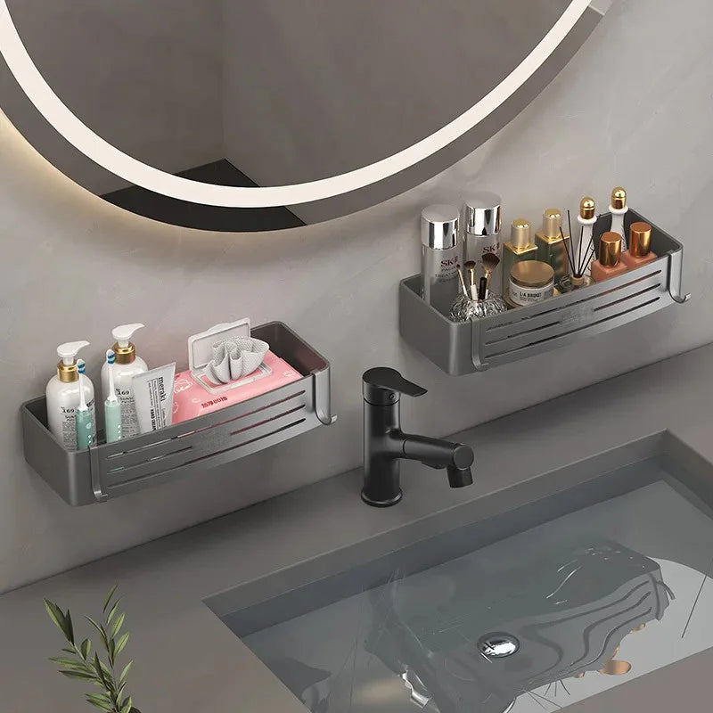 No Drill Wall Mounted Bathroom Shelf - Aluminum Alloy Shampoo and Makeup Storage Holder, Kitchen Organizer and Bathroom Accessories