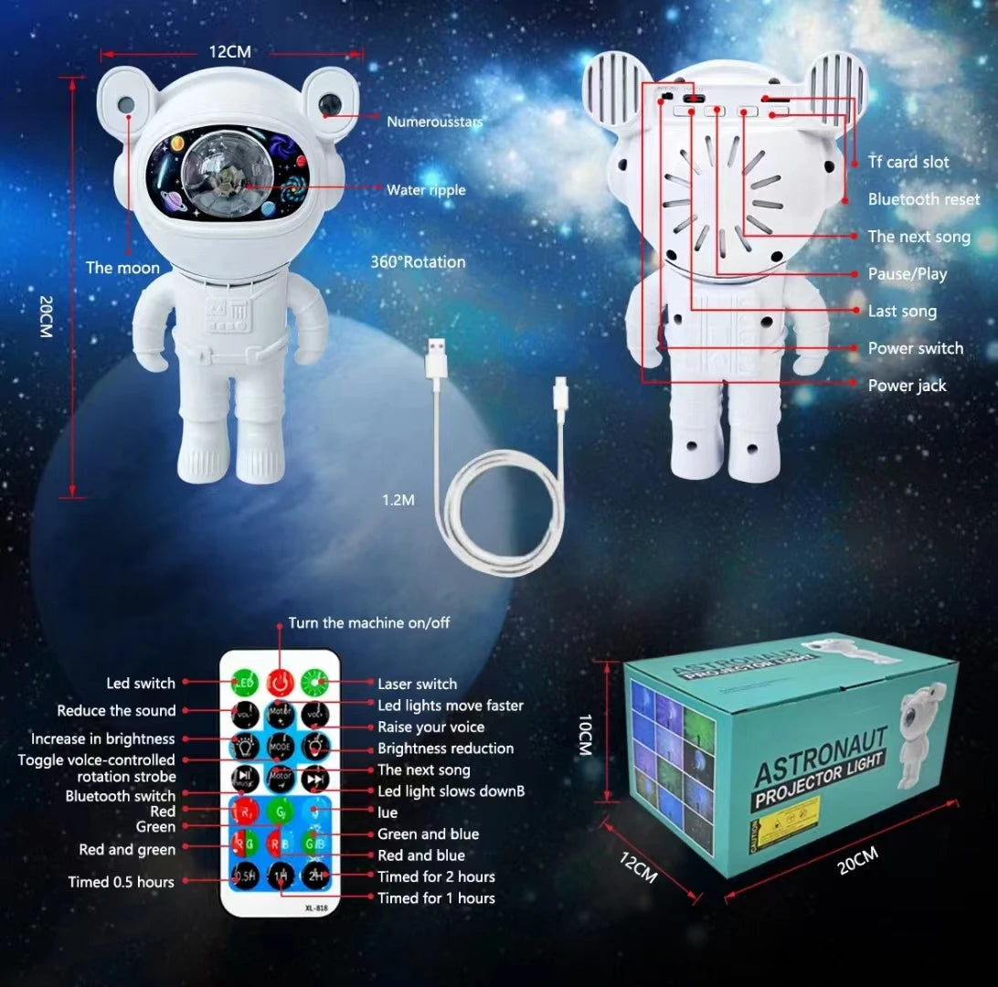 Bluetooth Astronaut Starlight Projector – LED Bedroom Night Light with Aurora Moon and Bluetooth Speaker