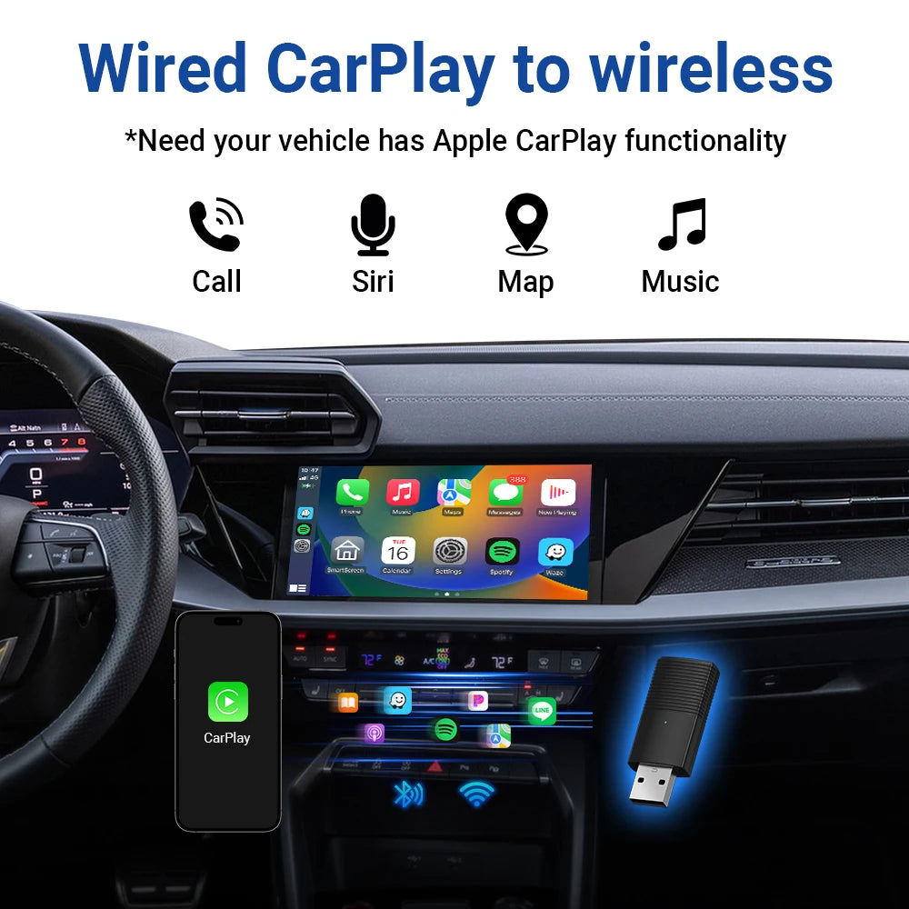 Mini Apple CarPlay Wireless Adapter | Car Play Dongle Bluetooth WiFi | Fast Connect Plug and Play | OEM Wired CarPlay Compatible