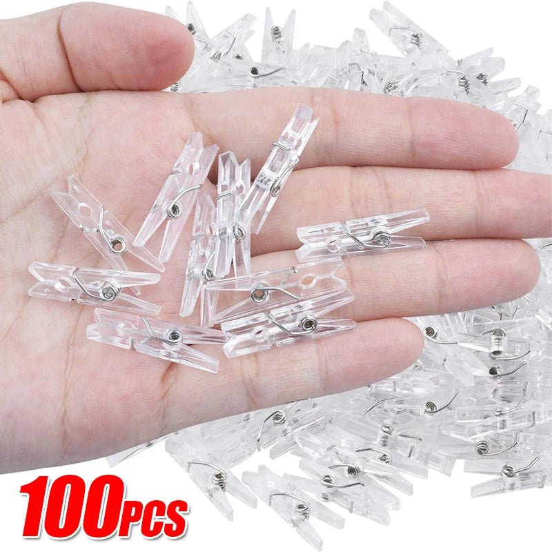 100/50PCS Plastic Mini Photo Clips – Transparent Spring Hanging Pegs for DIY Wedding Party and Home Decoration