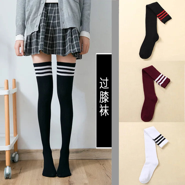 Striped Thigh-High Nylon Stockings: 60cm Long, Black, White, Wine Red - Breathable Over Knee Fashion for Women and Girls