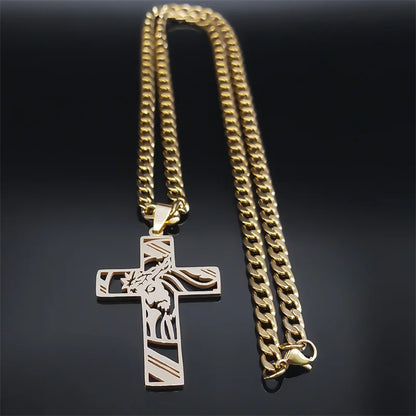 Hip Hop Punk Crown of Thorns Jesus Cross Necklace - Gold Plated Stainless Steel Crucifix Pendant for Men, Jewelry N8052