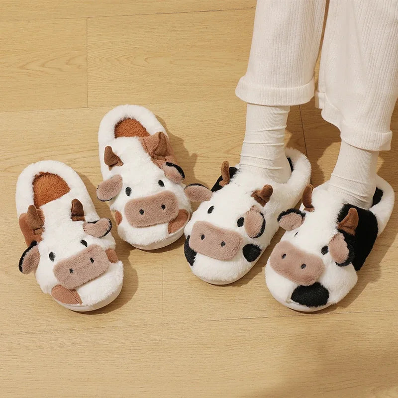 New Winter Cartoon Cow Warm Plush Slippers: Unisex Couple's Indoor Non-Slip House Slides - Toe Wrap Cotton Shoes