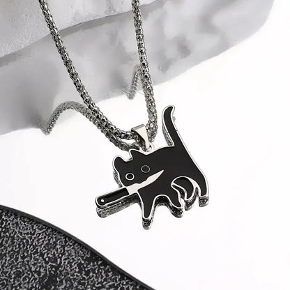 Hip Hop Fashion Knife Cat Necklace - Black Cat Pendant for Women & Men, Kpop Style, Sweater Chain Jewelry, Party Gift  2023