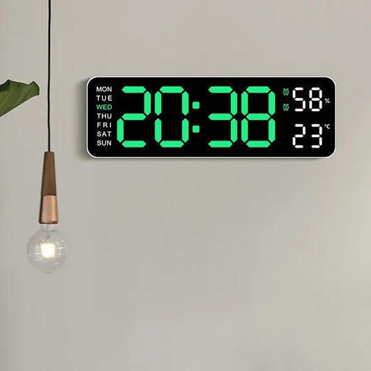 9 Inch Large Digital Wall Clock – USB Powered, Temp and Humidity Display, Auto Dimmer, DST, Table Clock with 12/24H LED Alarm