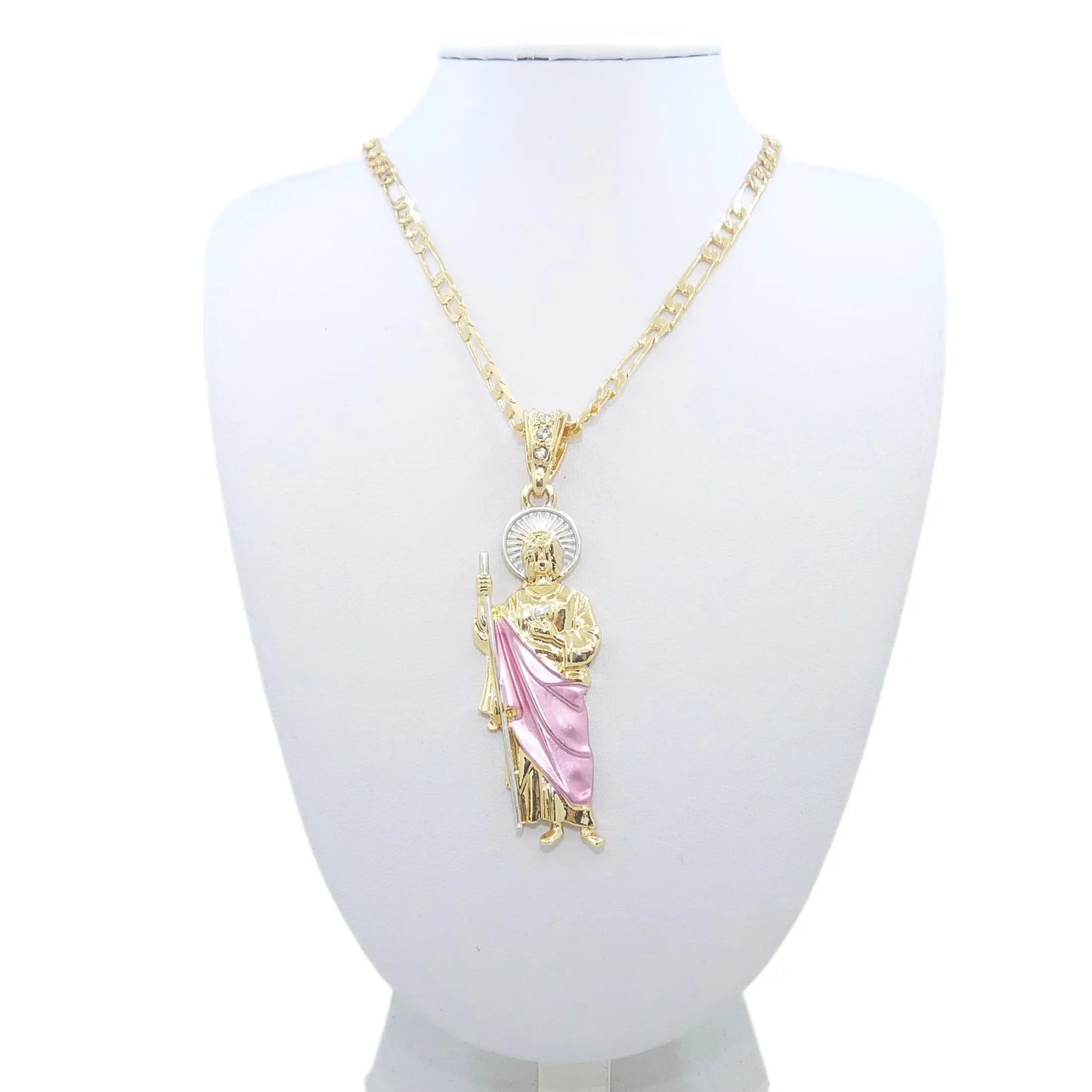 Saint Jude Necklace - 14K Gold Plated San Judas Pendant with Figaro Chain