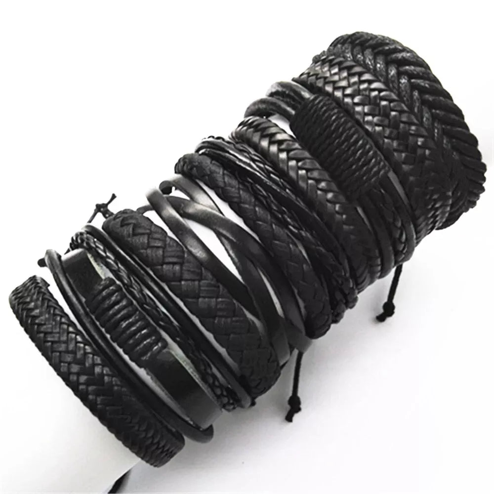 10 Piece Black Woven Wrap Bracelet Set | Handmade Fashion Leather Bangle Jewelry Gift for Men and Women