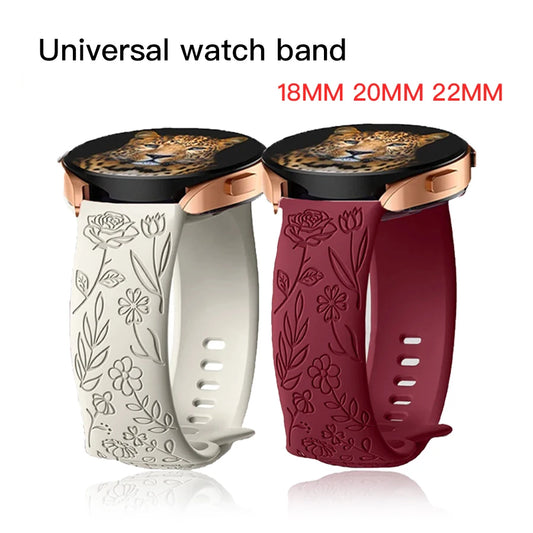 18mm 20mm 22mm Rose Engraved Silicone Band for Samsung Galaxy Watch 654 – Fits 40mm, 44mm, Gear S3, 43mm, 45mm, Active 2