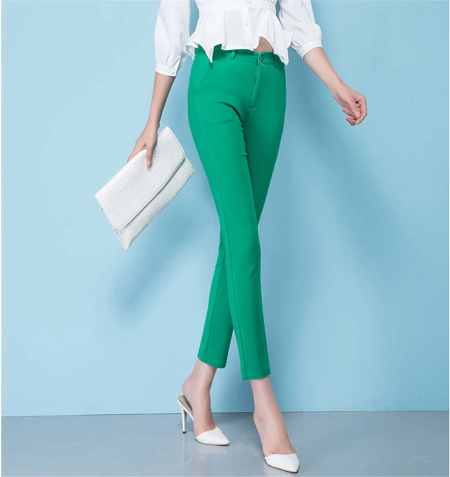 Slim High Waist Elastic Pencil Pants - Skinny Ankle-Length Trousers for Women up to 75kg, Casual Spring 2024 Office Wear