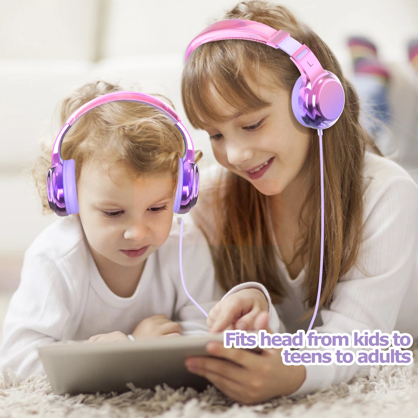 New Girls Wired Headphones with Mic – Over-Ear Headset for School, PC, Phone, Kids Gifts in Purple and Pink