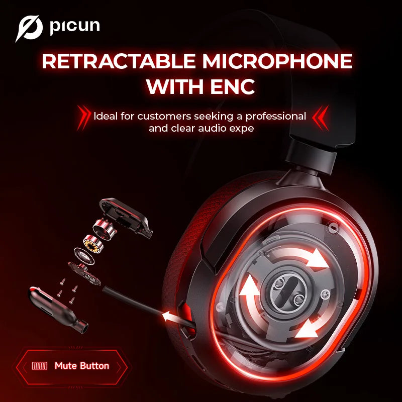 Picun G2 Wireless Gaming Headset – 2.4G Bluetooth, 5ms Low Latency, 7.1 Surround Sound, ENC Mic for PC, PS4, PS5, Phone, Switch