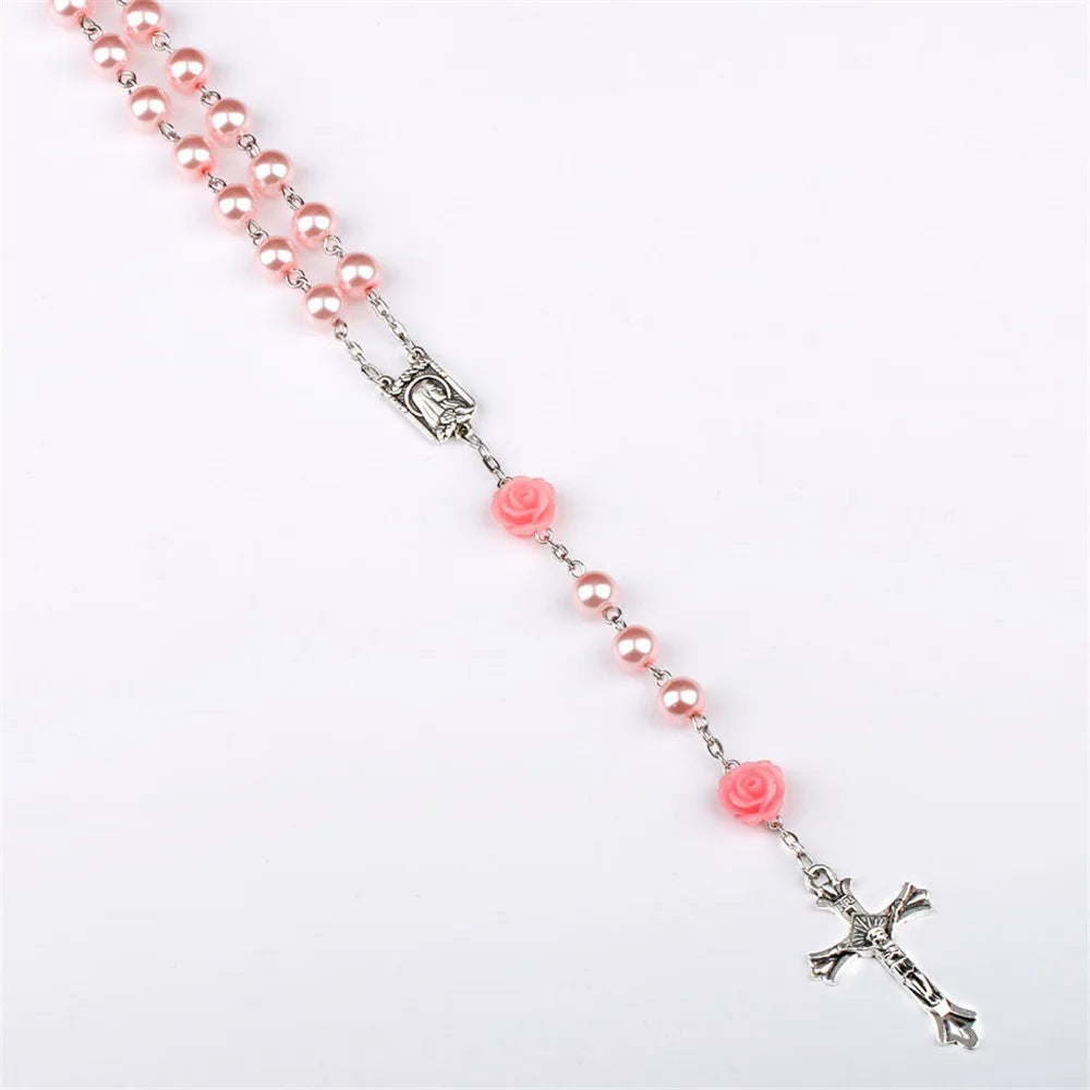 6MM Pink Rosary Necklace – Rose Glass Beads Chain with Crucifix Cross and INRI Pendant – Long Religious Prayer Jewelry for Women and Men