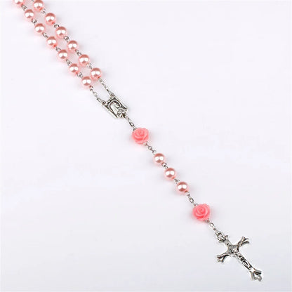 6MM Pink Rosary Necklace – Rose Glass Beads Chain with Crucifix Cross and INRI Pendant – Long Religious Prayer Jewelry for Women and Men