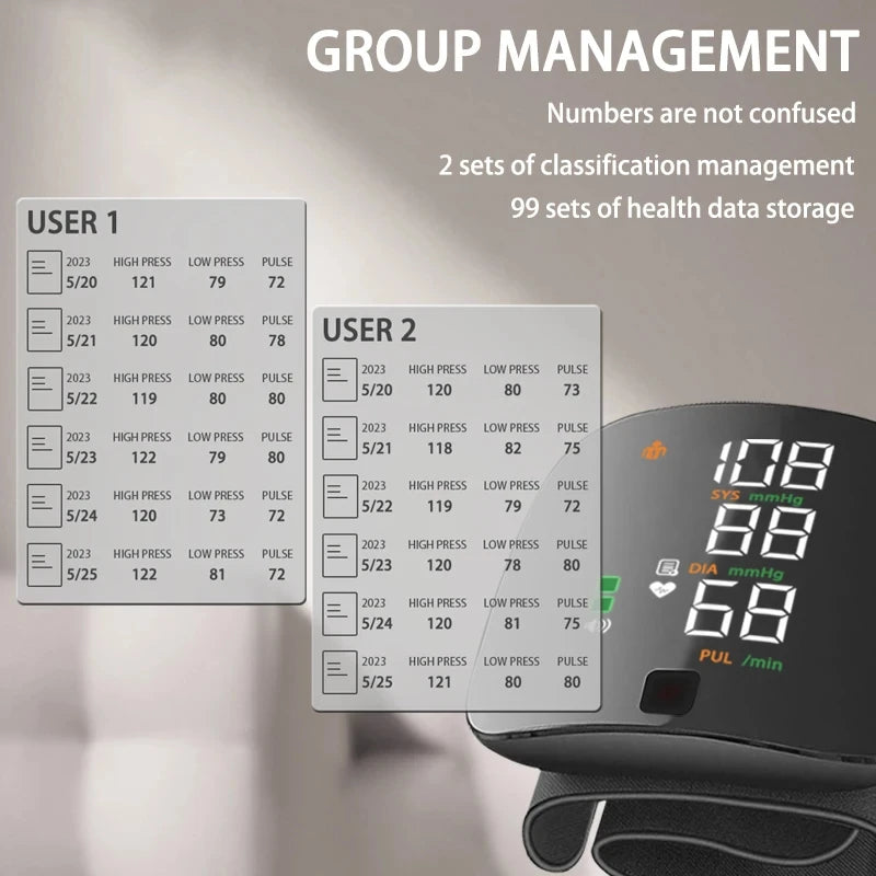 USB Rechargeable Wrist Blood Pressure Monitor with LED Display, Fast Measurement Digital Tensiometer and Heart Rate Monitor