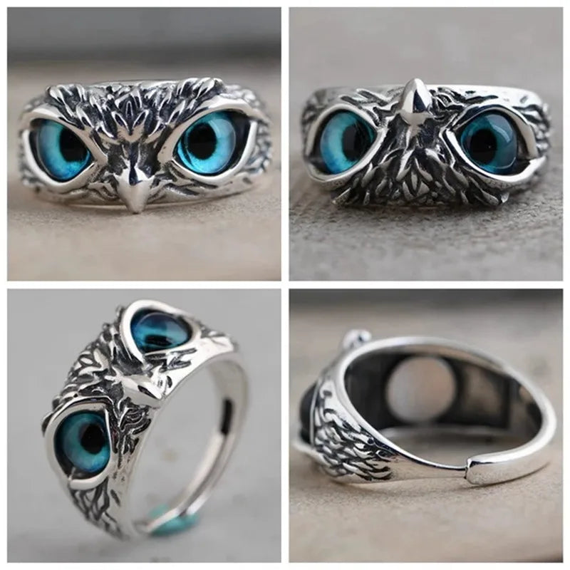 Charming Owl Rings - Multicolor Eyes, Silvery Punk Gothic Design, Adjustable and Resizable for Men and Women, Jewelry Gift