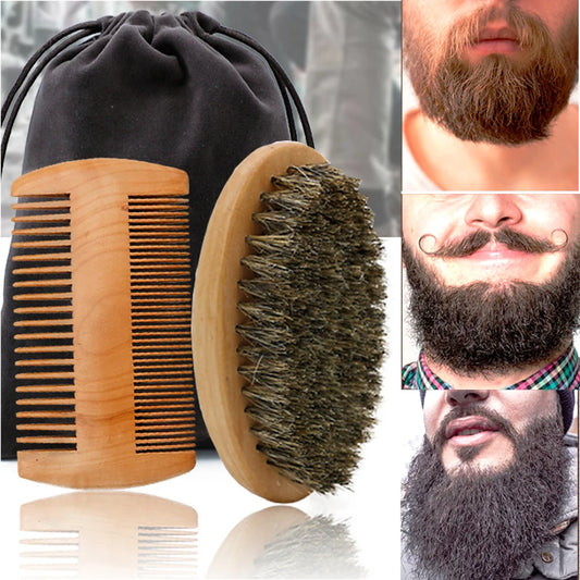 Professional Soft Boar Bristle Wood Beard Brush: Hairdresser Shaving Brush Comb - Men's Mustache Comb Kit with Gift Bag, Hair Comb Set