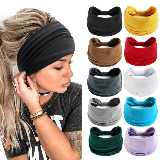 New Boho Wide Headbands: Solid Color Vintage Knot Elastic Turban Headwrap for Women & Girls - Soft Cotton Hair Accessories