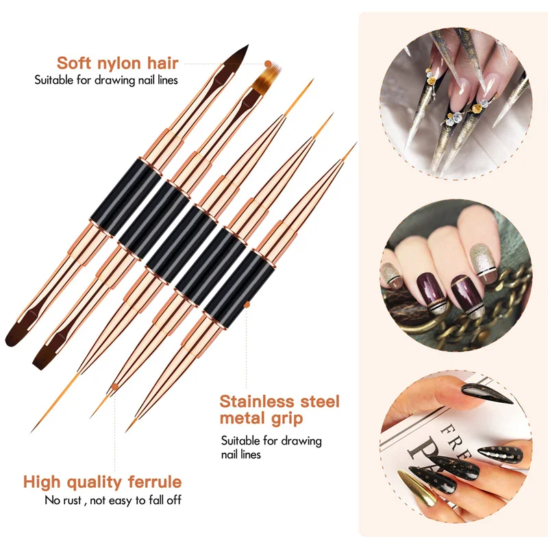 Professional Nail Art Brush Set: 5pcs Double-Ended Brushes - Ideal for Long Lines and Detailed Nail Designs