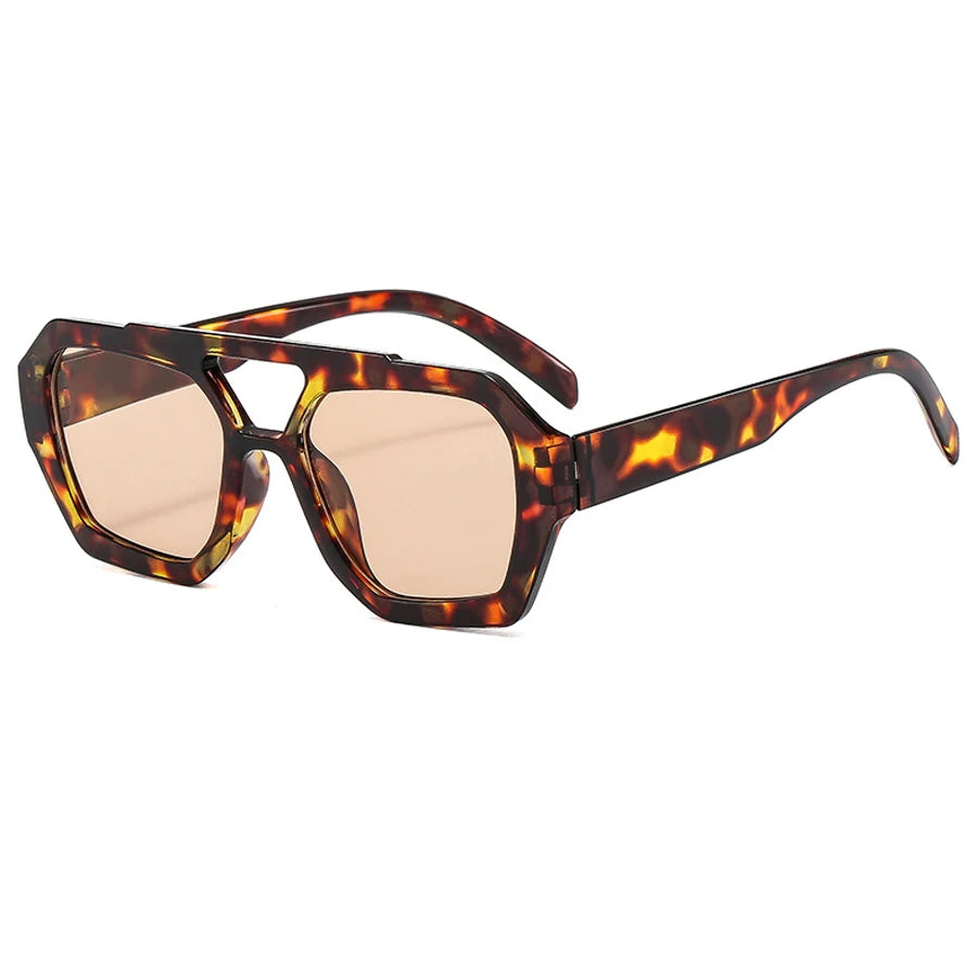 Retro Double Bridge Sunglasses - Big Frame Leopard Brown Gradient Eyewear, Luxury Designer Sun Glasses for Men and Women