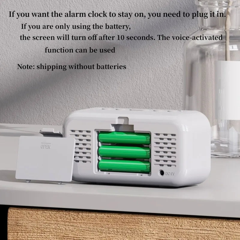 Voice Control LED Alarm Clock - Plug-In Electronic Digital Clock with Dual Alarms, Temperature Display, 12/24H Format, Brightness Adjustment