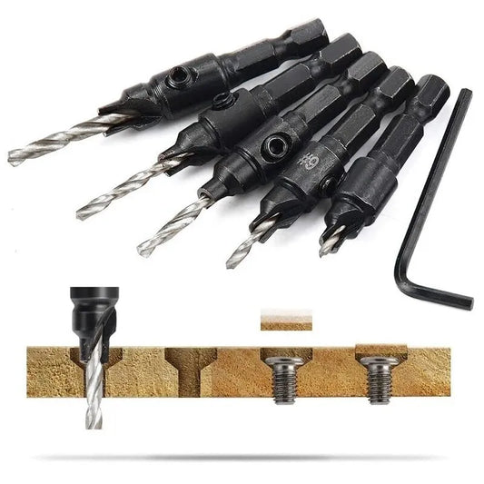 5PCS Woodworking Countersunk Head Drill Set with Hexagonal Handle - Chamfering Fried Dough Twist Drill