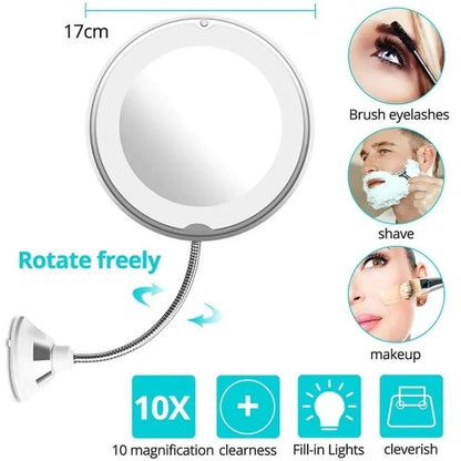 Flexible Gooseneck Makeup Mirror with LED Light: 10X Magnifying, Suction Cup, 360 Degree Swivel - Bright, Diffused Light for Precise Beauty Application