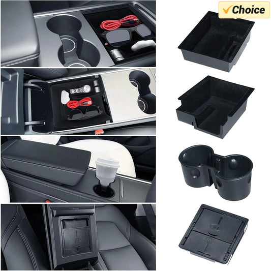 Center Console Trays for Tesla Model 3 Y - Highland Organizer Accessories, Under Seat Storage Box Armrest Hidden Bins Cup Holder