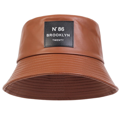 Unisex N86 Label PU Leather Bucket Hat - Personality Fisherman Cap with Sunscreen, Casual Outdoor Wear