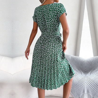 Spring Summer Women's Short Sleeve High Waist Floral Dress: Chic A-line Pleated Long Dress - Fashion Statement