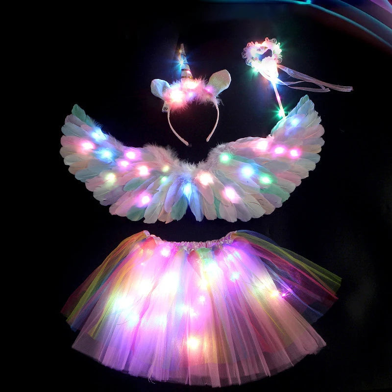 LED Luminous Angel Feather Wings Tutu - Glow in The Dark Princess Fairy Wings for Wedding, Birthday, and Cosplay Parties - Perfect for Adults and Kids