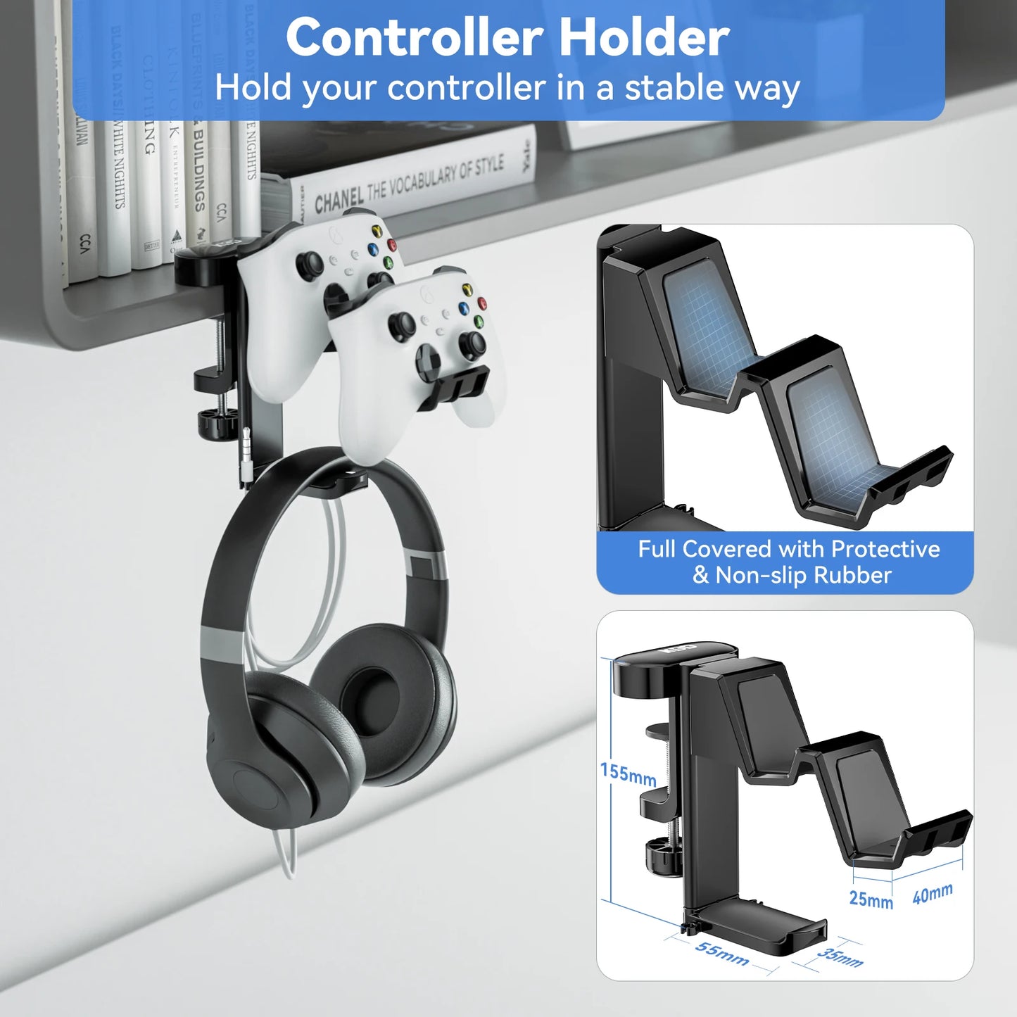 Rotatable Controller Stand 5 in 1 - Under Desk Clamp, Headphone Hanger, Replaceable Cup Holder, Compatible with Universal Headsets