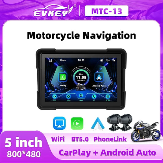 EVKEY MTC13 Motorcycle Navigation Display - Waterproof CarPlay Screen, Portable Wireless Monitor with Android Auto