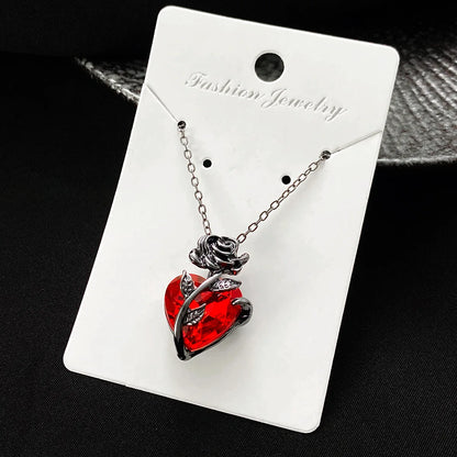 Gothic Rose Red Love Necklace - Y2K Grunge Jewelry with Silver-Tone Bloody Human Heart Pendant for Women. Personalized Gifts