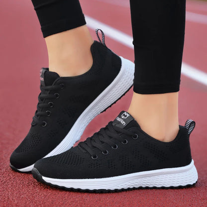 Women Casual Breathable Mesh Lace-Up Flat Shoes: Walking Sneakers in Pink, Black, White - Tenis Feminino